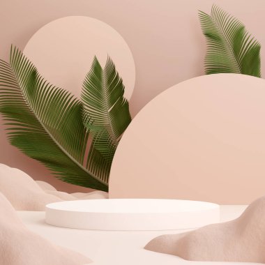 Ürün gösterimi için boş uzay mozaik podyum geometrik şekli ve yeşil doğa temasının üç boyutlu görüntülemesi