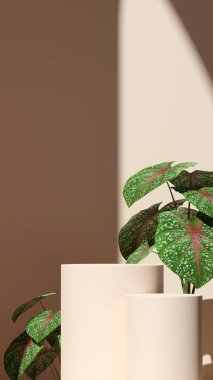 Ürün gösterimi için boş uzay mozaik podyum geometrik şekli ve yeşil doğa temasının üç boyutlu görüntülemesi