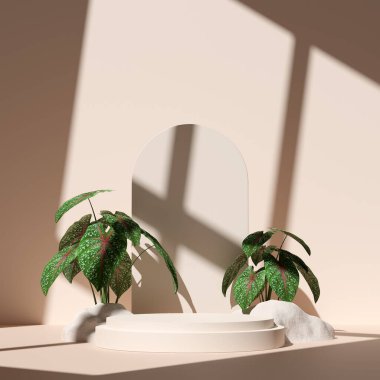 Ürün gösterimi için boş uzay mozaik podyum geometrik şekli ve yeşil doğa temasının üç boyutlu görüntülemesi