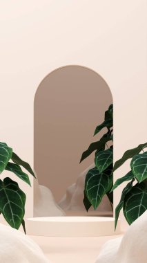 Ürün gösterimi için boş uzay mozaik podyum geometrik şekli ve yeşil doğa temasının üç boyutlu görüntülemesi