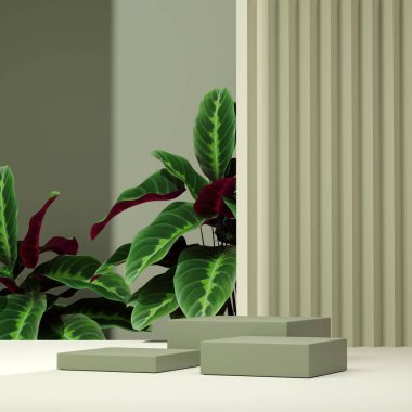 Ürün gösterimi için boş uzay mozaik podyum geometrik şekli ve yeşil doğa temasının üç boyutlu görüntülemesi