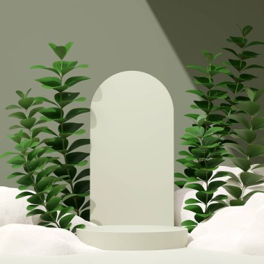 Ürün gösterimi için boş uzay mozaik podyum geometrik şekli ve yeşil doğa temasının üç boyutlu görüntülemesi