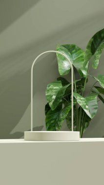 Ürün gösterimi için boş uzay mozaik podyum geometrik şekli ve yeşil doğa temasının üç boyutlu görüntülemesi