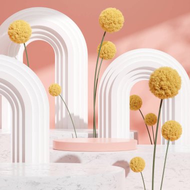 Ürün modelleme doğal arkaplanı için boş uzay podyumunun 3B görüntüleme görüntüsü