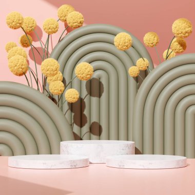 Ürün modelleme doğal arkaplanı için boş uzay podyumunun 3B görüntüleme görüntüsü