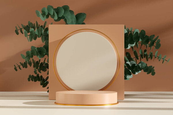3D rendering image illustration of empty space podium display for product mockup natural background