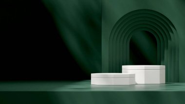 3d rendering mockup empty green arch empty space and white podium template in landscape