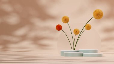 3D rendering template product podium in square with mimosa flower and light brown background