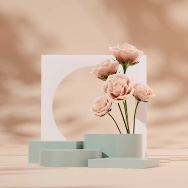 3D rendering template product podium in square with pink red rose and light brown background