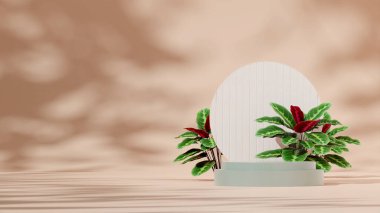 3D render template green podium in landscape with calathea, white backdrop, light brown background