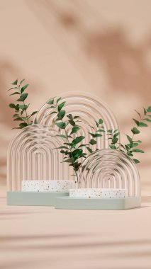 3D render template terrazzo podium in portrait with green plants, glass block, brown background