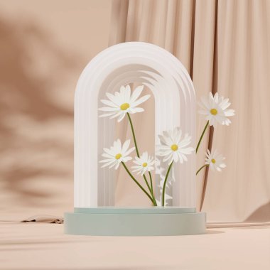 3D render template green podium in square with white daisy decoration, brown curtain background