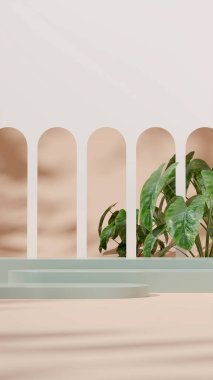 3D render template green podium stairs for mockup in portrait with arches and alocasia plants