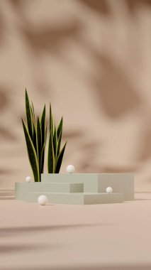 3D render template green podium in portrait with white sphere, snake plant, and tan background