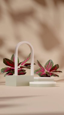 3D render mock up green and almond podium in portrait with arch decor and red chinese evergreen