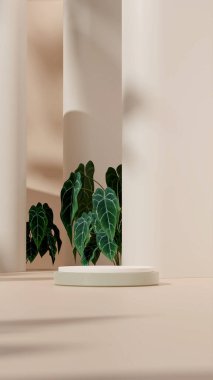 3D render template white green podium in portrait with anthurium plant and brown background