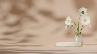 3D render template glass podium in landscape with green vase, white daisy, and tan background