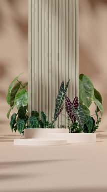 3D render template mockup white podium in portrait with alocasia and anthurium plants