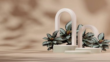 3D rendering mockup white green podium in landscape with white arches and calathea plant