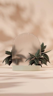 3D rendering mockup green podium in portrait with pink stripe calathea plant and blurred glass