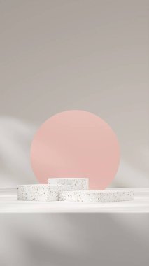 3d rendering mockup of terrazzo podium in portrait with pink backdrop and sun shadow background