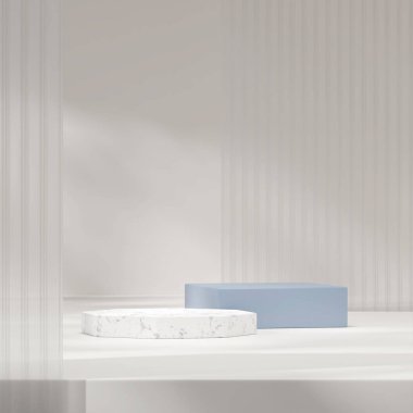 3d rendering mockup template of white and blue podium in square with frosted glass and shadow