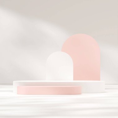 3d template render mock up of pink and white podium in square with arch backdrop and wall