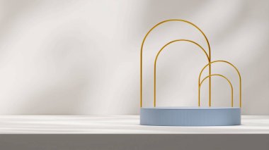3d mock up rendering digital art of blue podium in landscape with gold arch and shadow on wall