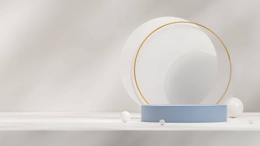 3d mock up rendering background of blue podium in landscape with gold ring, white ball and shadow