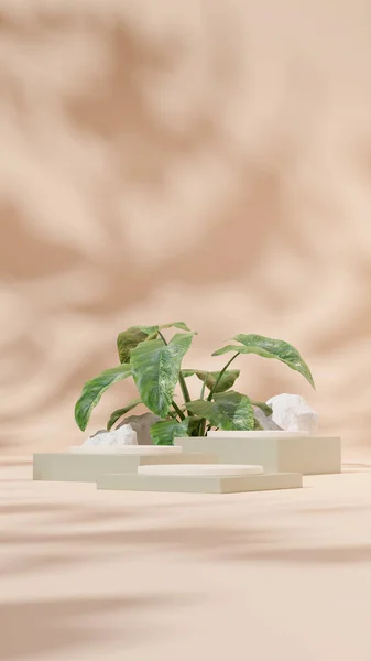 3D rendering template white and green podium with alocasia plant and rock in portrait layout