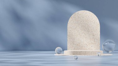 mock up 3d rendering template of terrazzo podium in landscape with glass sphere and sun shadow