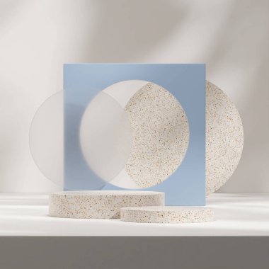 3d rendering mock up of terrazzo podium in square with blue backdrop and white wall