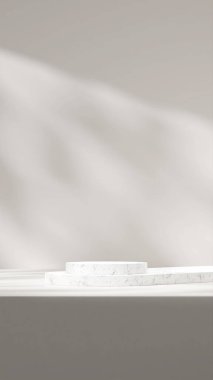 minimal 3d render mockup of marble podium in portrait with sun shadow and white wall