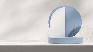 3d rendering rippling glass and circle backdrop blue podium in landscape with half white arch