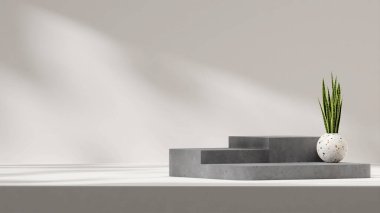 Dark grey concrete steps podium with snake plant decor in landscape 3d rendering mockup template