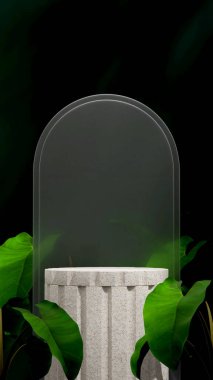 3d rendering mockup template terrazzo podium in portrait with frosted glass and plant in background