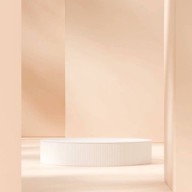 Bright 3d rendering scene mockup of white podium in square layout with shadow and pillar