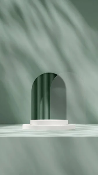 Rendering Mockup Template White Podium Portrait Green Wall Glass Arch — Fotografia de Stock