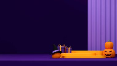 3d rendering mockup of yellow podium in landscape with pumpkin, gift box, and purple background