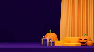 Landscape layout 3d render mockup yellow podium with cloth yellow background, gift box, and pumpkin