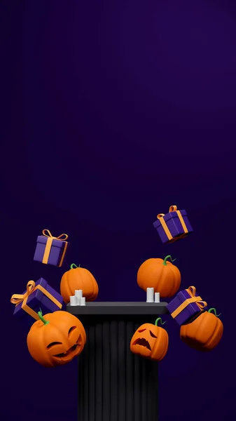 3d render mockup of black pillar podium in portrait with jack o lantern, gift box, and candle