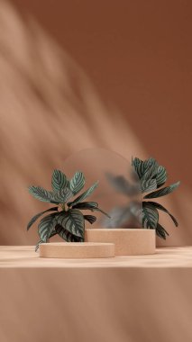 Kahverengi sahneli pembe çizgili kalathea 3D modelleme podyum ürünü peyzaj düzeninde