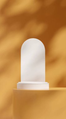 Parlak sarı sahne 3D beyaz podyum ve arkaplan tasarımı portre düzeni