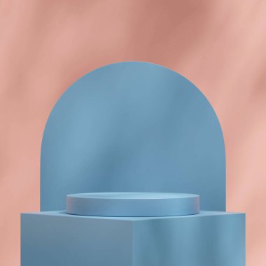 Kare şeklinde mavi renkli silindir podyum, kemer ve pembe duvar 3D modelleme alanı