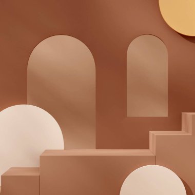 Sarı ve beyaz kemer pencereli kahverengi merdiven boşluğu 3D modelleme şablonu