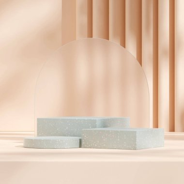 Buzlu cam ve 3D duvar yapımı yeşil terrazzo desenli podyum.