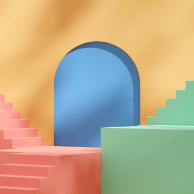 Mavi kemer sarı duvar 3d görüntüleme şablonu kare içinde pembe ve yeşil boş uzay merdivenleri