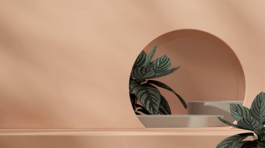 Açık kahverengi duvarı ve pembe çizgili kalathea 3d 'si olan yeşil manzara podyumu.