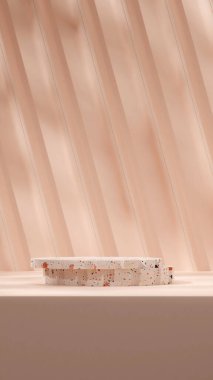 Açık pembe desenli duvar 3D canlandırma sahnesi. Renkli terrazzo desen podyumu portresi.