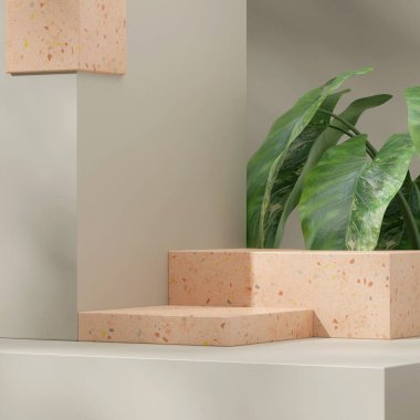 Kare yerleşim alanı yeşil duvar ve alocasia bitkisi kahverengi terrazzo doku podyumunun 3D modellemesi 